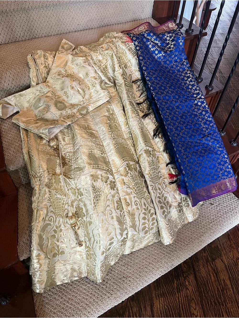 Ivory Gold Brocade Lehenga with Royal Blue Dupatta